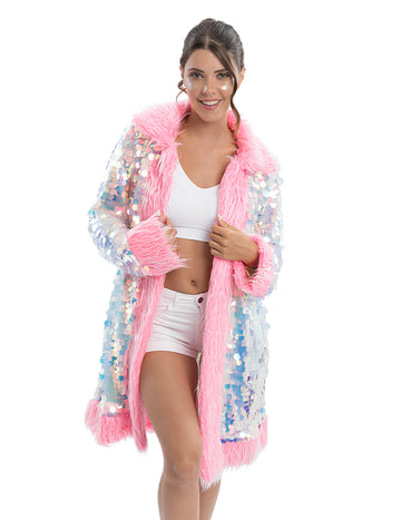 Dvostranski plašč za odrasle roza z bleščicami in umetnim krznom