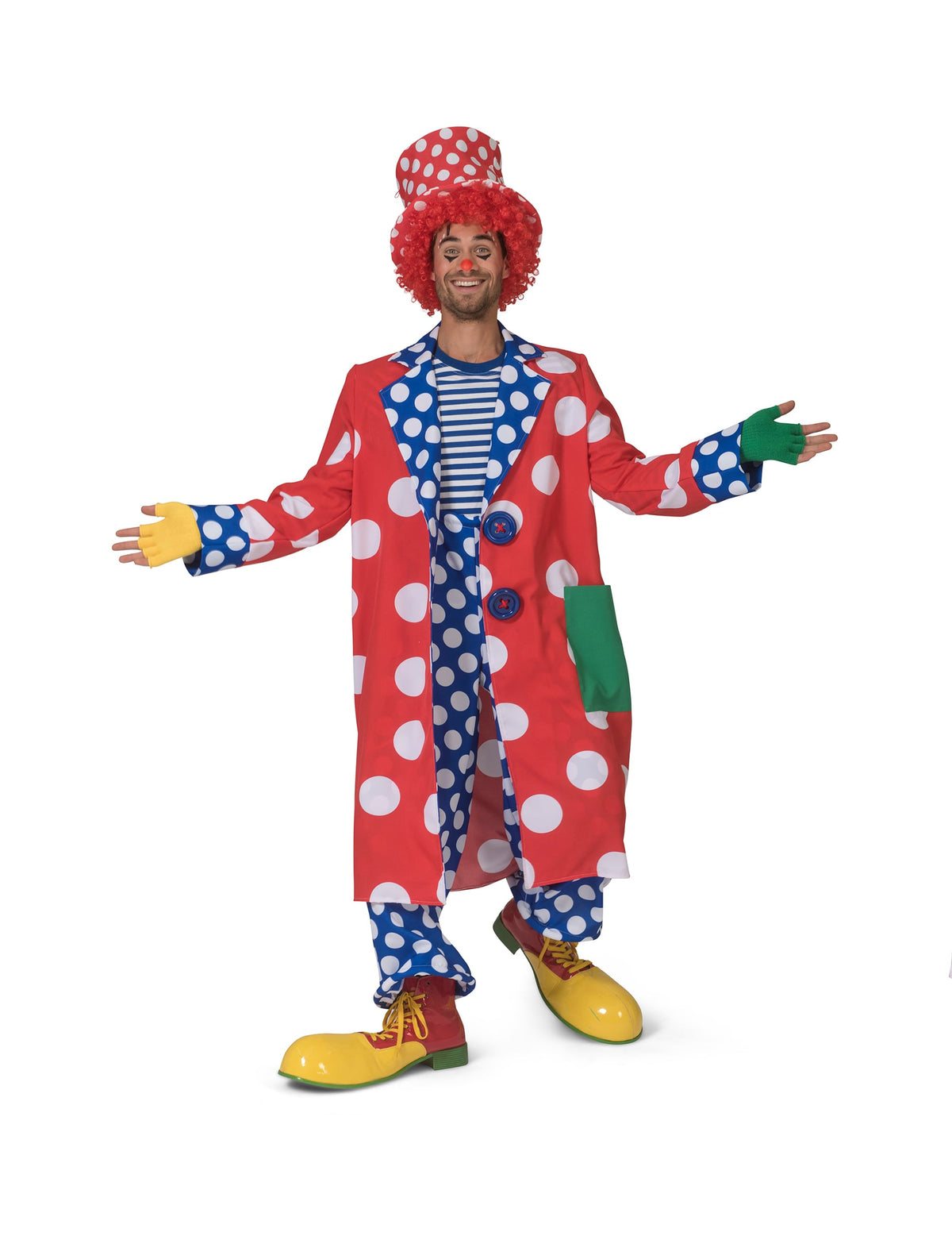 Manteau clown à pois pour homme rouge et bleu à grands pois blancs