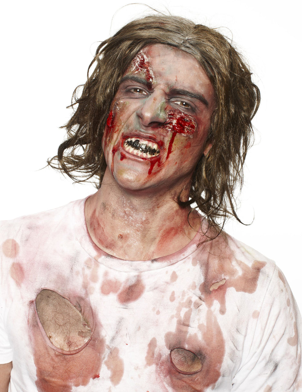 Vue de face du personnage zombie du maquillage latex liquide blanc pour adulte
