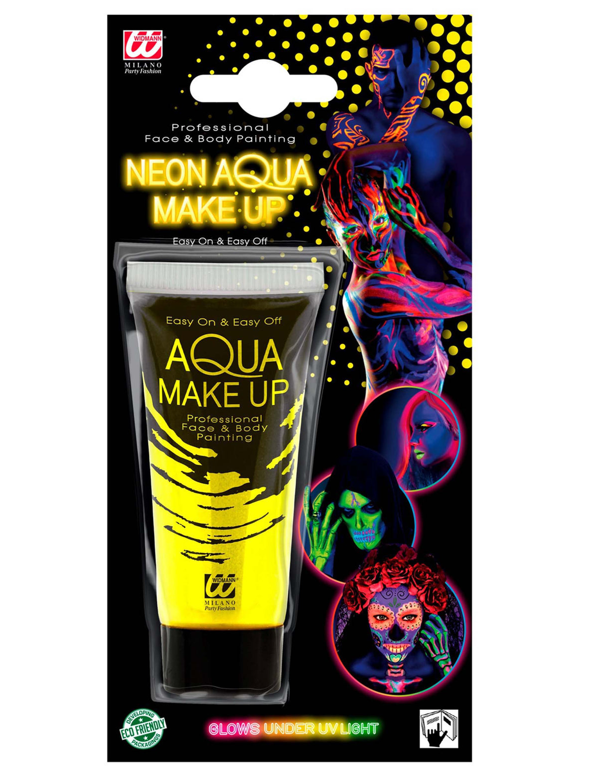 Vue de l'emballage du maquillage néon pour visage et corps jaune fluo