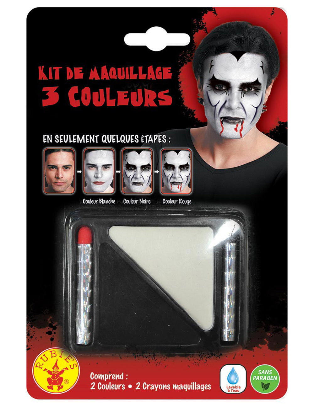 Vue de face de l'emballage et du contenu du maquillage de vampire