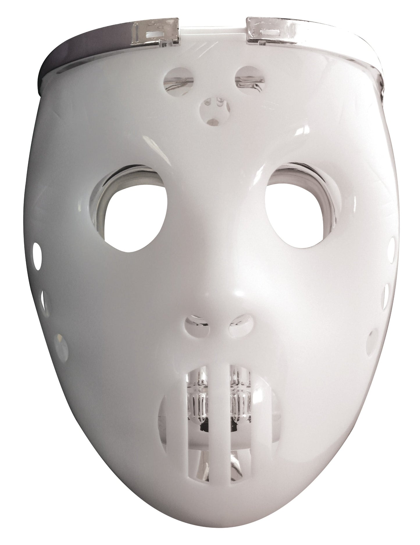 Gros plan sur le crâne chromé du masque 2 en 1 lumineux joueur de hockey