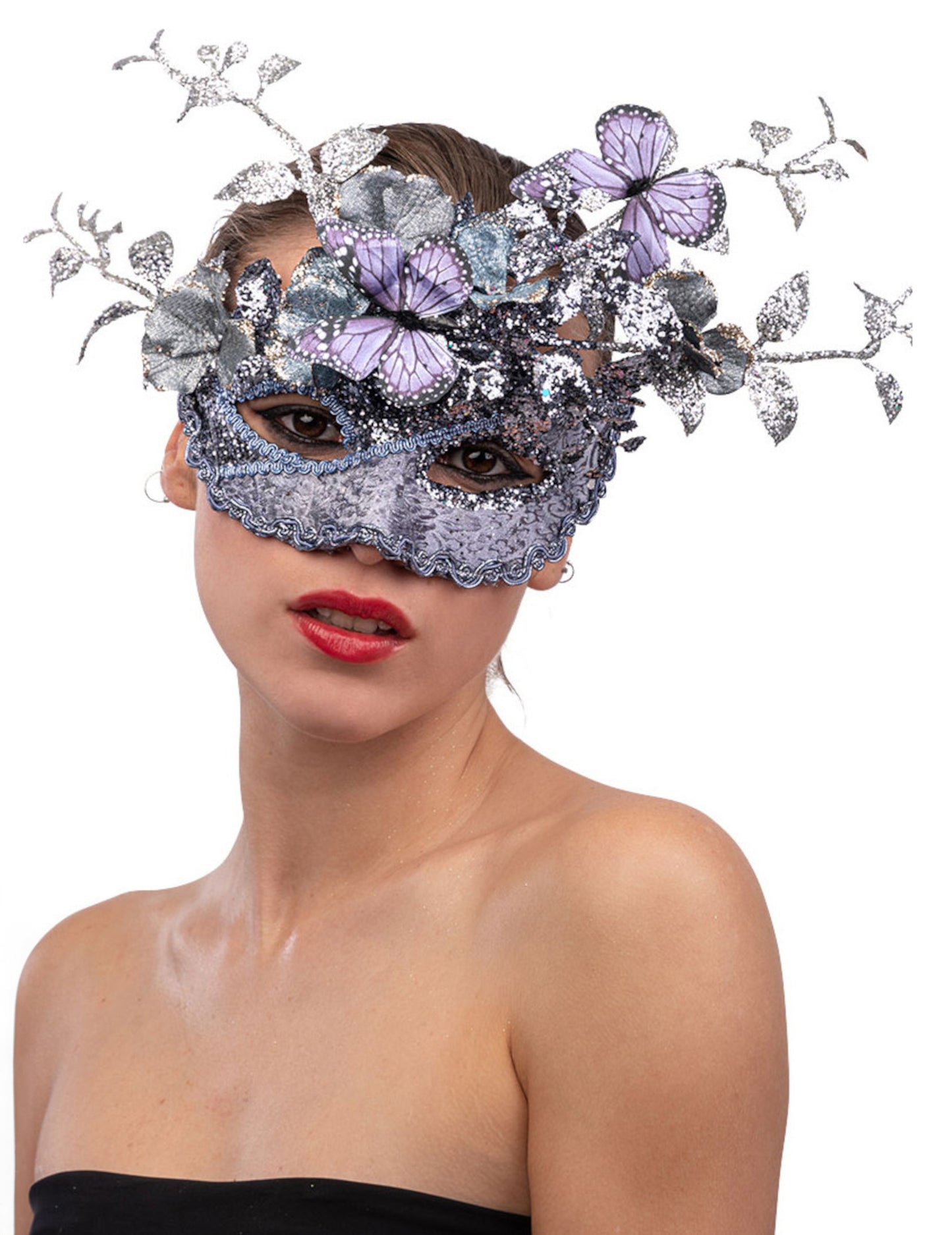 Masque papillon et branchage pour femme argent et lilas