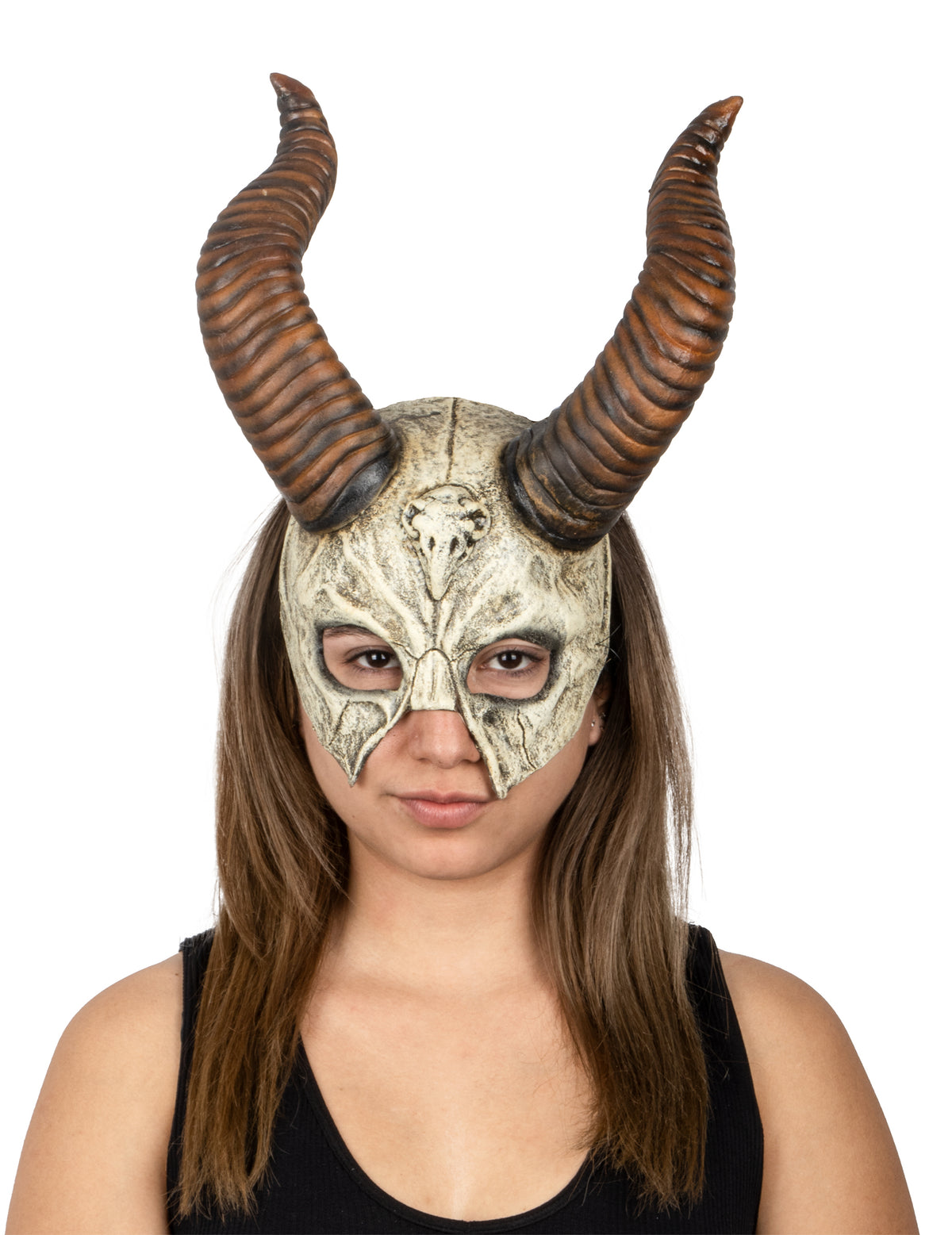 Masque crâne de buffle pour adulte beige et marron avec grandes cornes torsadées