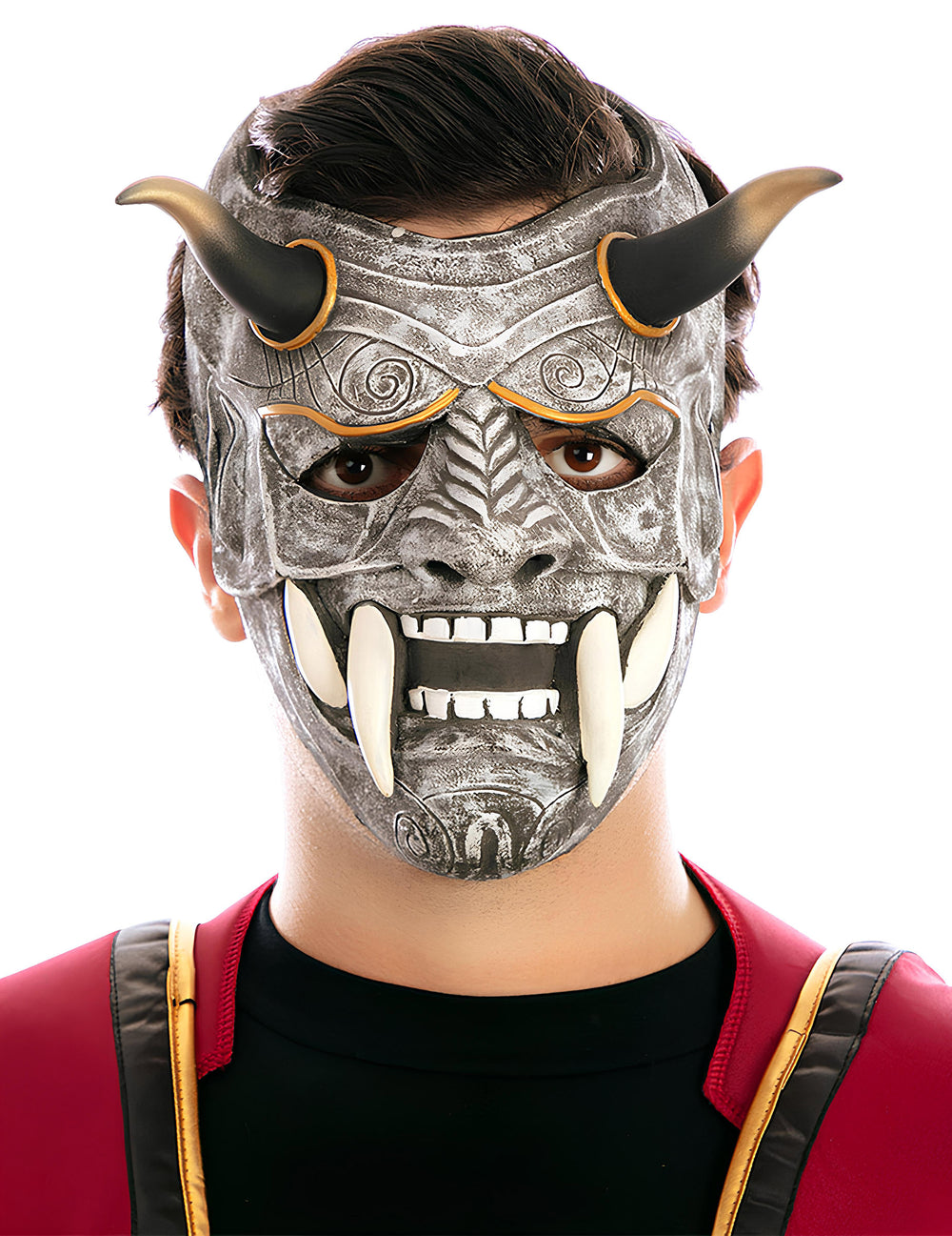 Masque démon japonais pour adulte gris argenté avec cornes et crocs