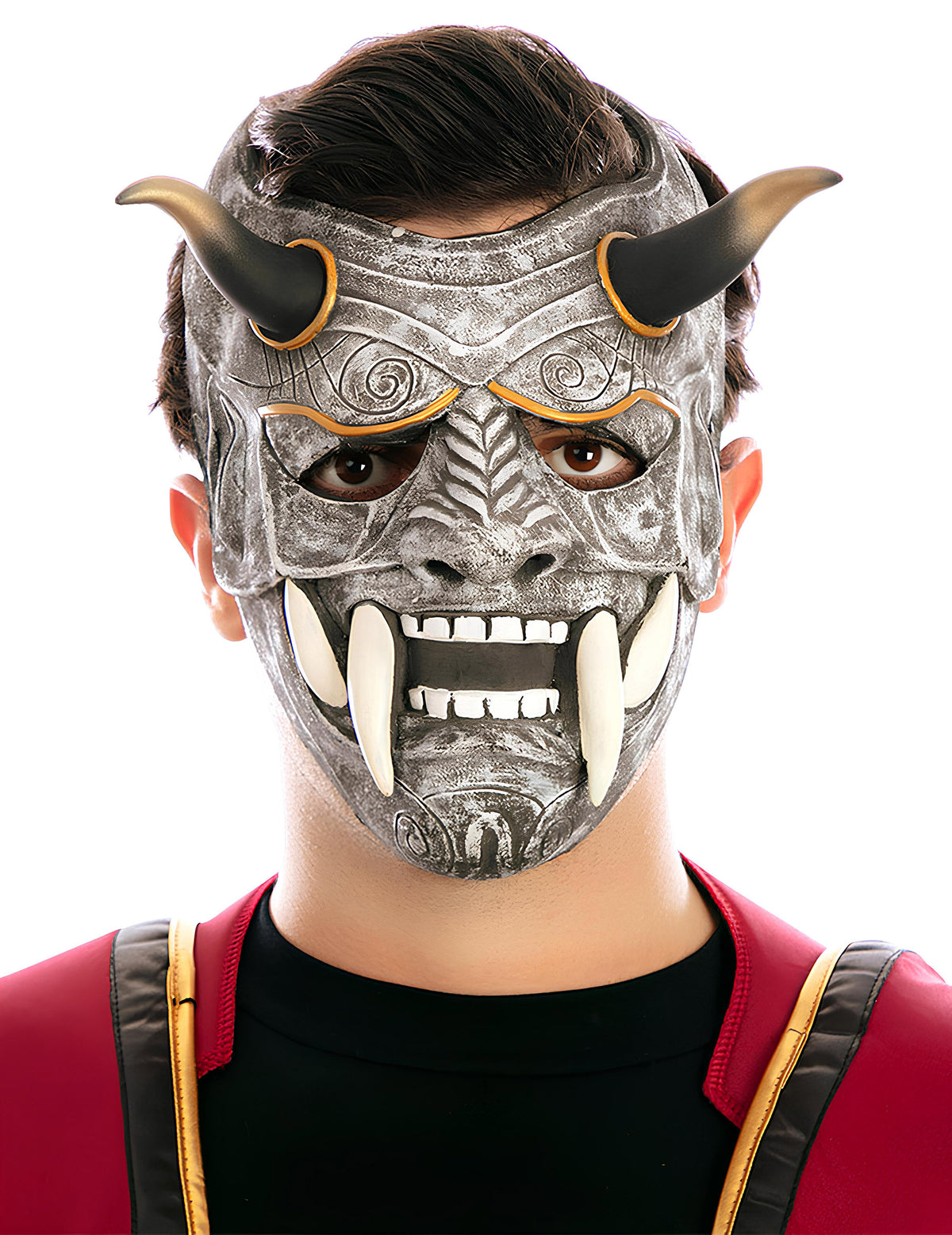 Masque démon japonais pour adulte gris argenté avec cornes et crocs