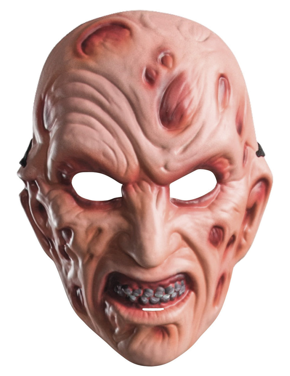 Gros plan sur les détails du visage du masque en plastique Freddy pour adulte