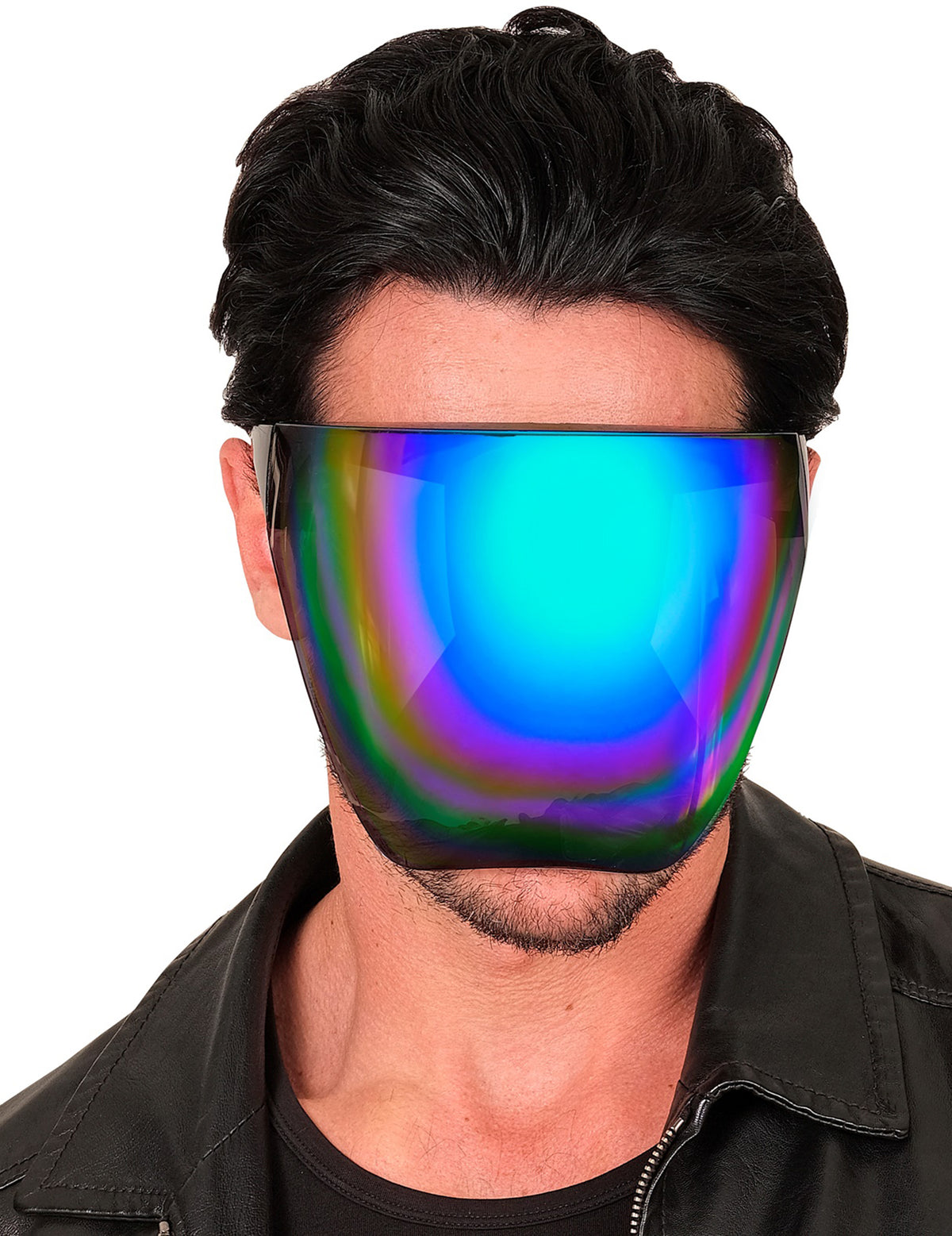 Gros plan sur la visière irisée du masque futuriste à reflets