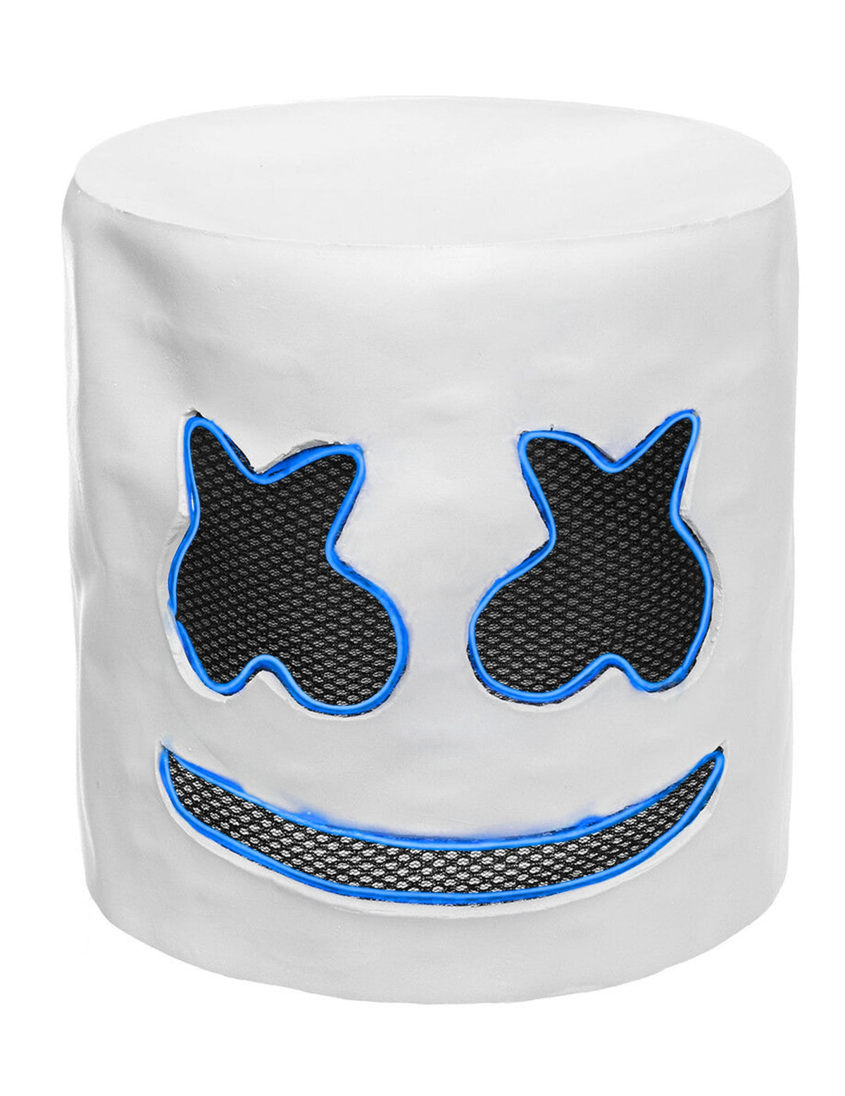 Détail des contours à LED bleues du masque DJ guimauve