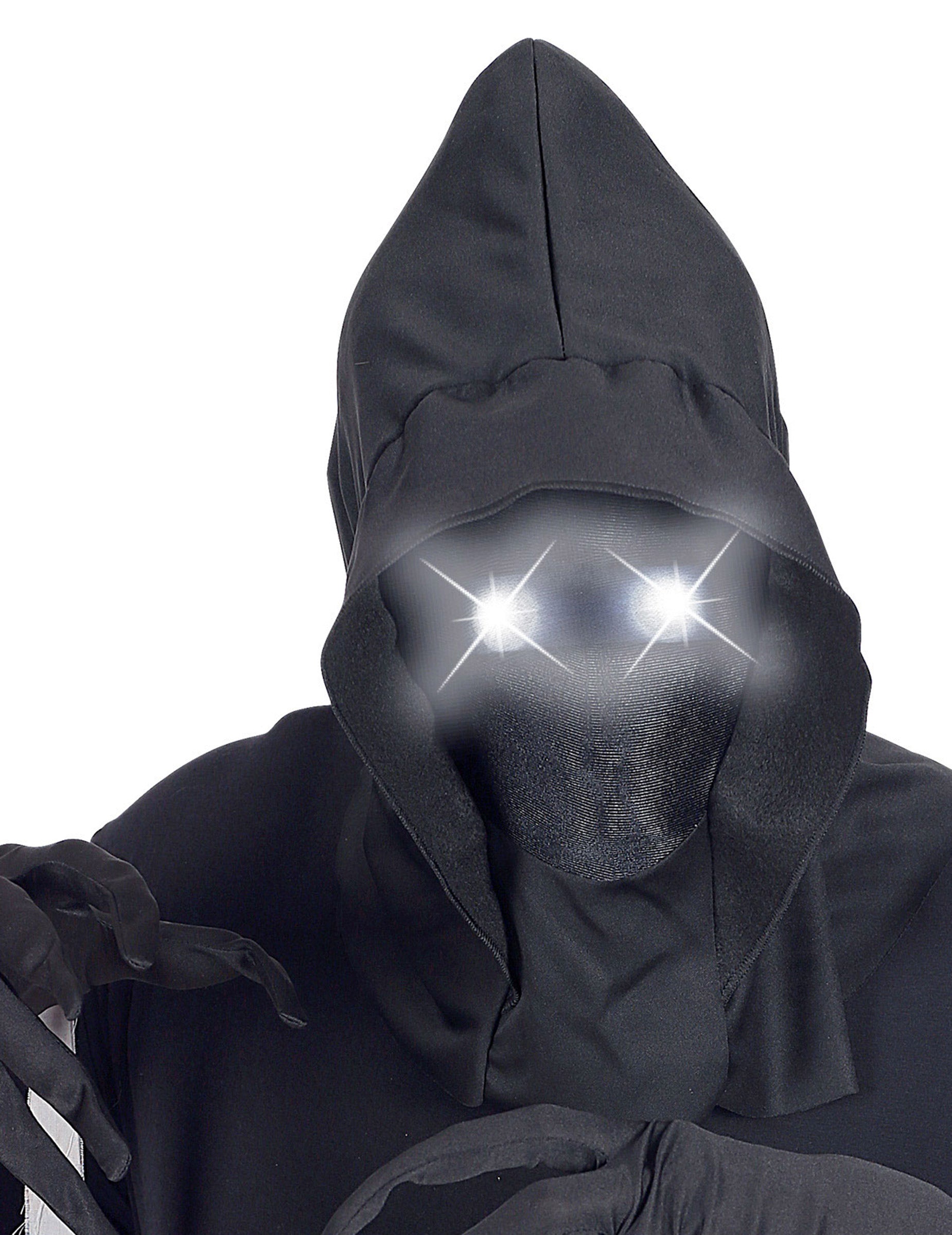 Détail des yeux lumineux du masque intégral à capuche visage invisible et yeux lumineux