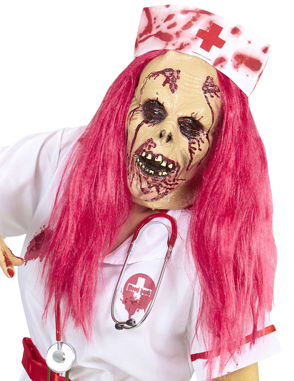 Masque intégral infirmière zombie pour adulte avec cheveux roses et coiffe ensanglantée
