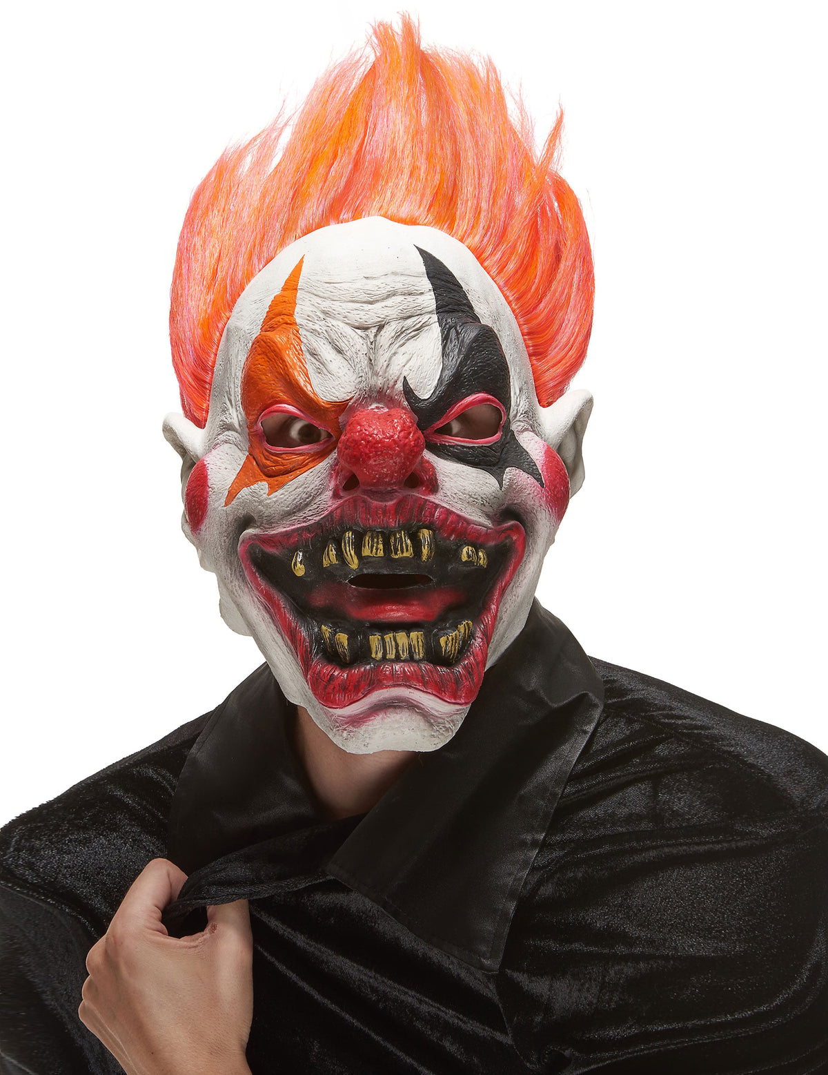 Masque latex clown de l'enfer pour adulte blanc avec cheveux orange et dents jaunies