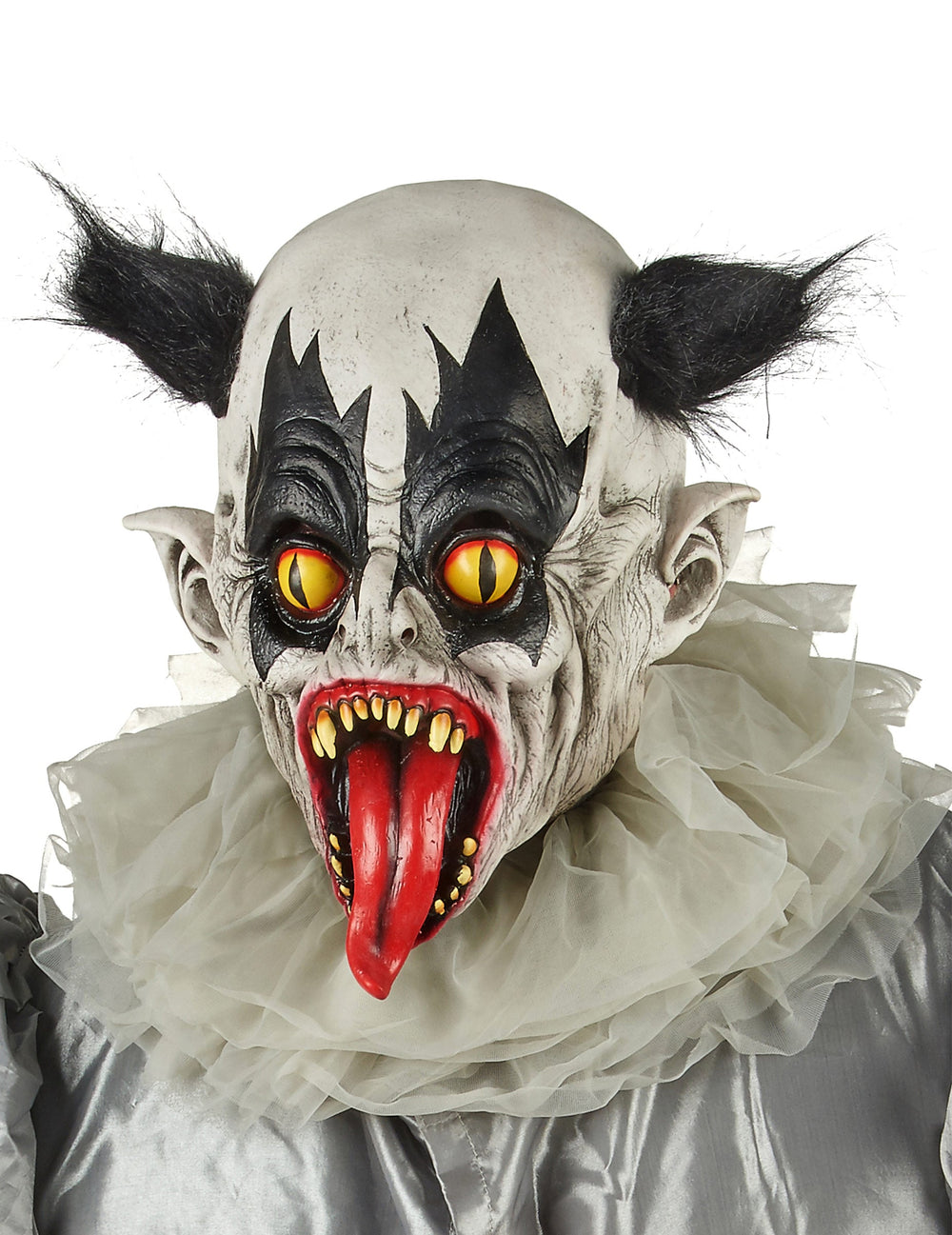 Gros plan sur le visage et la langue du masque latex clown pour adulte