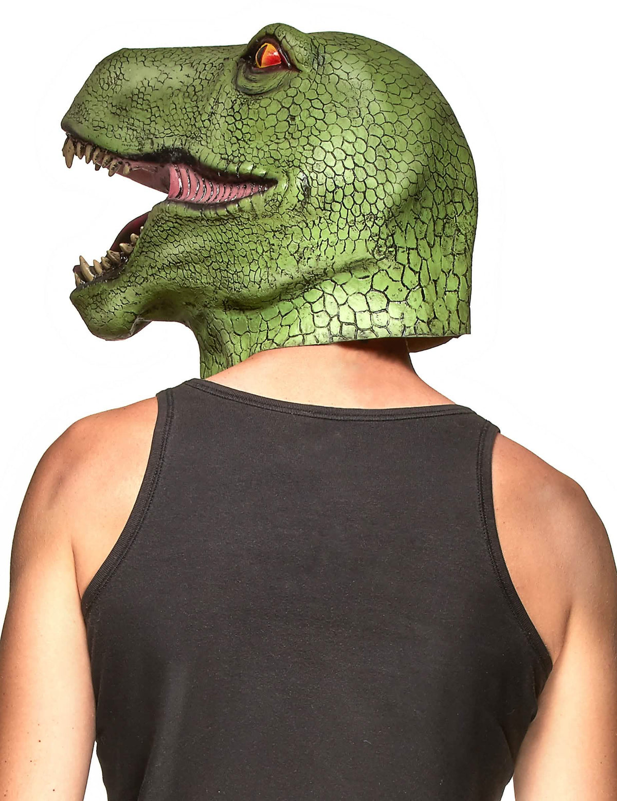 Pogled s profila na masko iz lateksa dinozaver