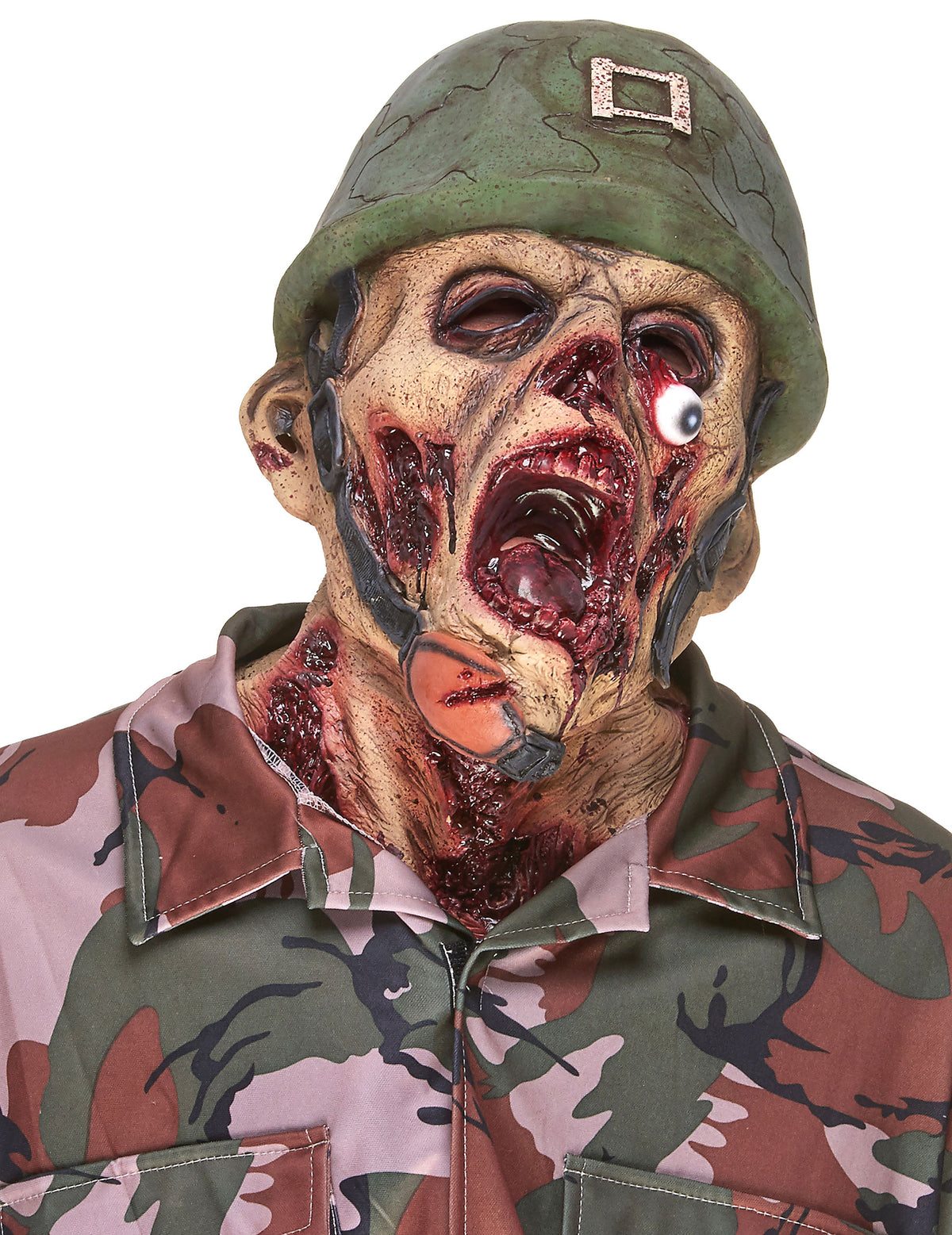 Masque latex soldat zombie pour adulte avec casque et détails ensanglantés