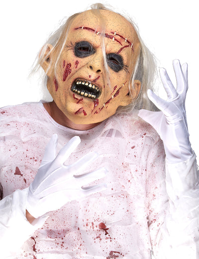 Masque en latex de vieillard cadavérique pour adulte beige ensanglanté avec cheveux blancs