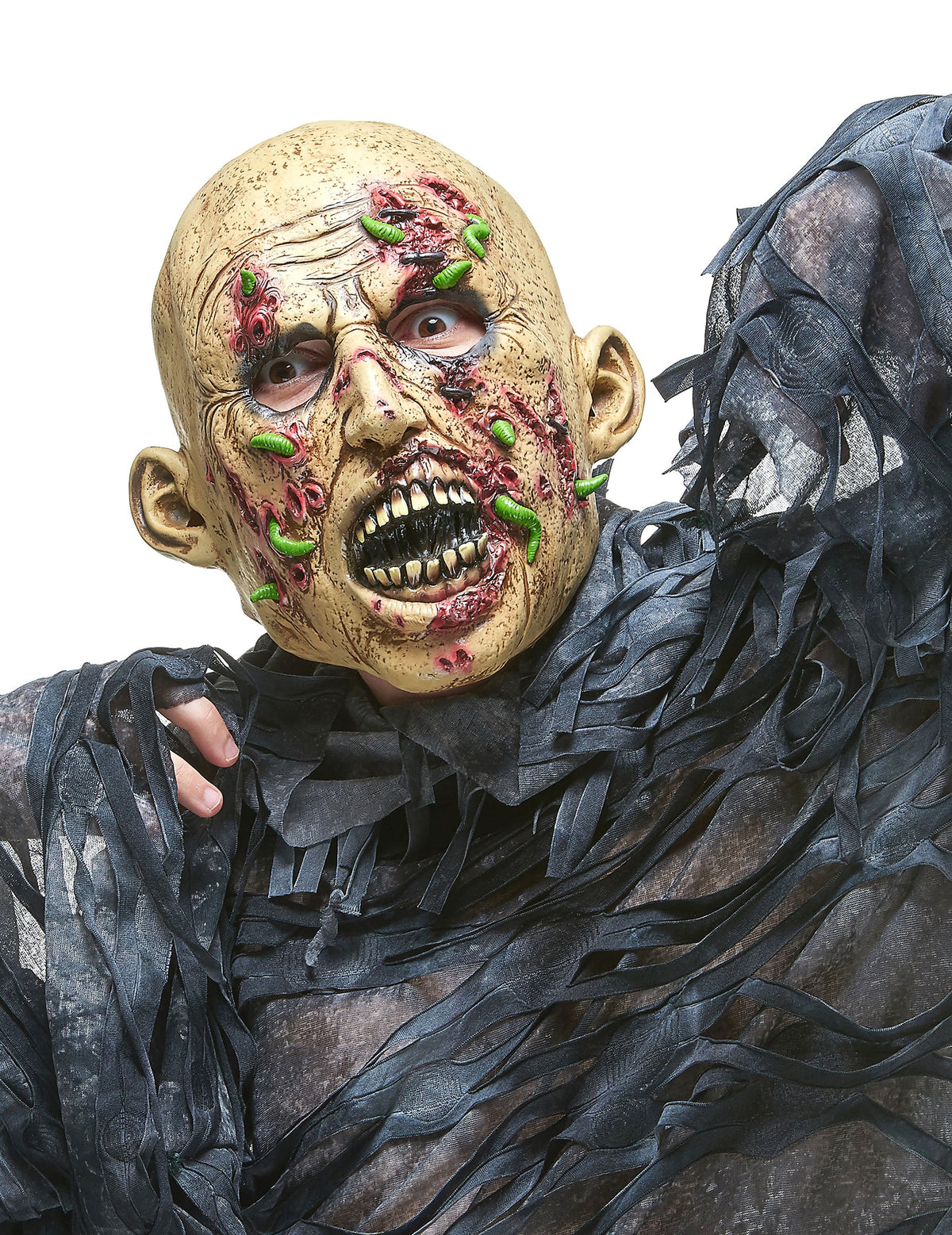 Masque de zombie putréfié pour adulte beige avec vers verts et plaies ensanglantées