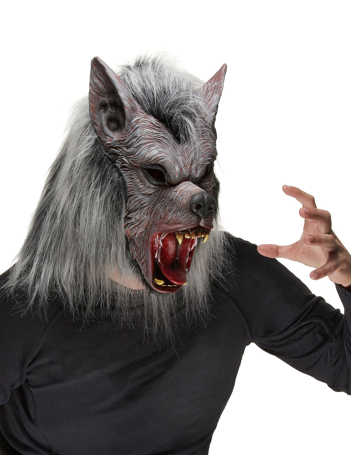 Masque de loup-garou pour adulte gris en latex avec gueule ouverte et dents apparentes