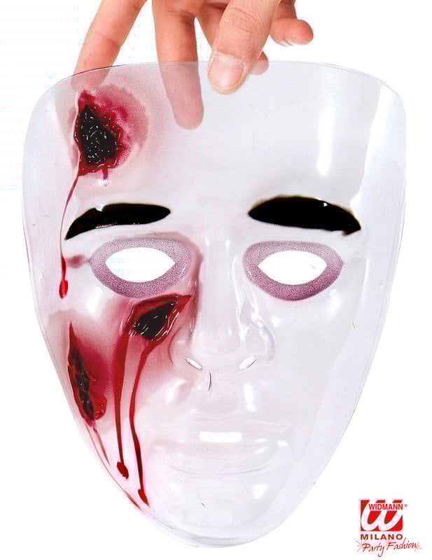 Gros plan sur la transparence et les détails ensanglantés du masque plaies saignantes pour adulte