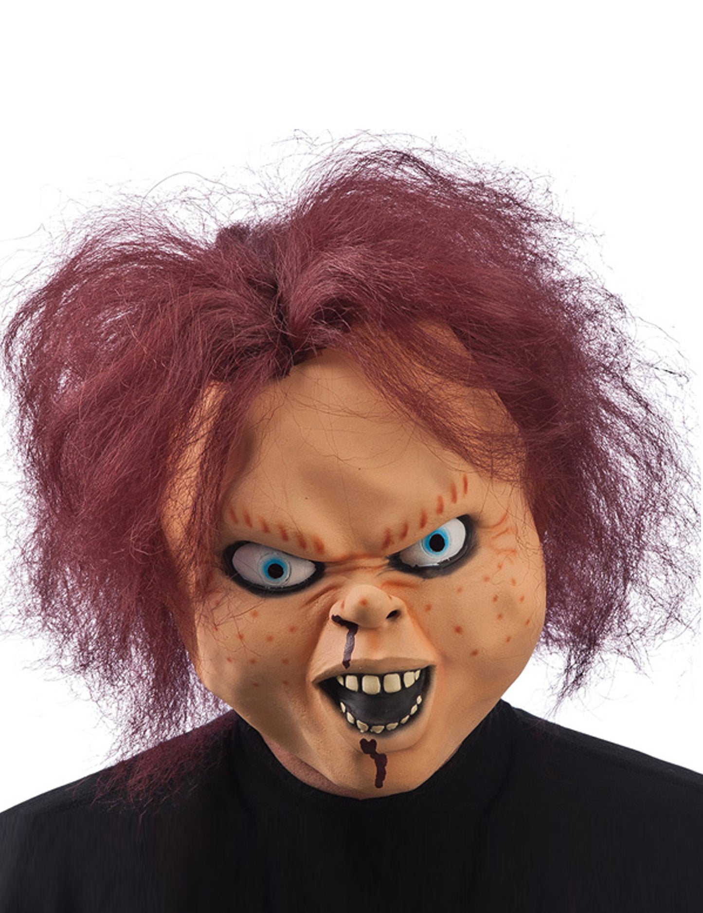 Masque de poupée terrifiante Halloween pour adulte roux et ensanglanté