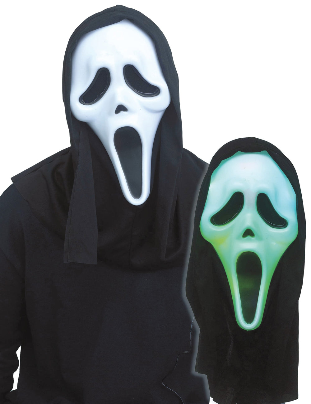 Masque Scream™ lumineux coloré pour adulte blanc s'illuminant en vert avec cagoule noire