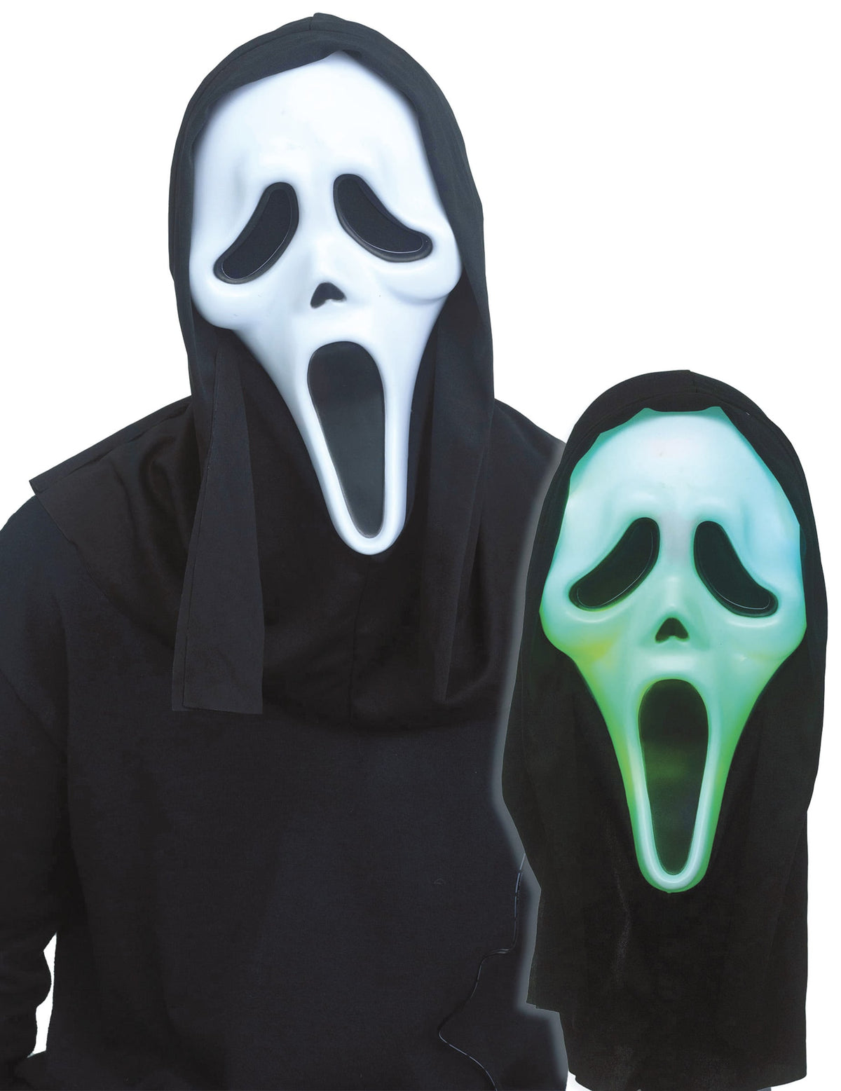Masque Scream™ lumineux coloré pour adulte blanc s'illuminant en vert avec cagoule noire