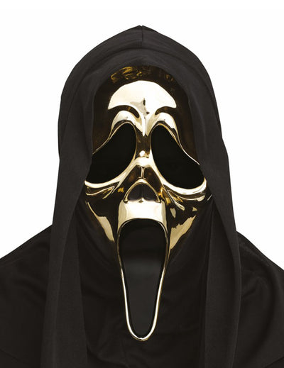 Masque Scream™ pour adulte or chromé avec cagoule noire