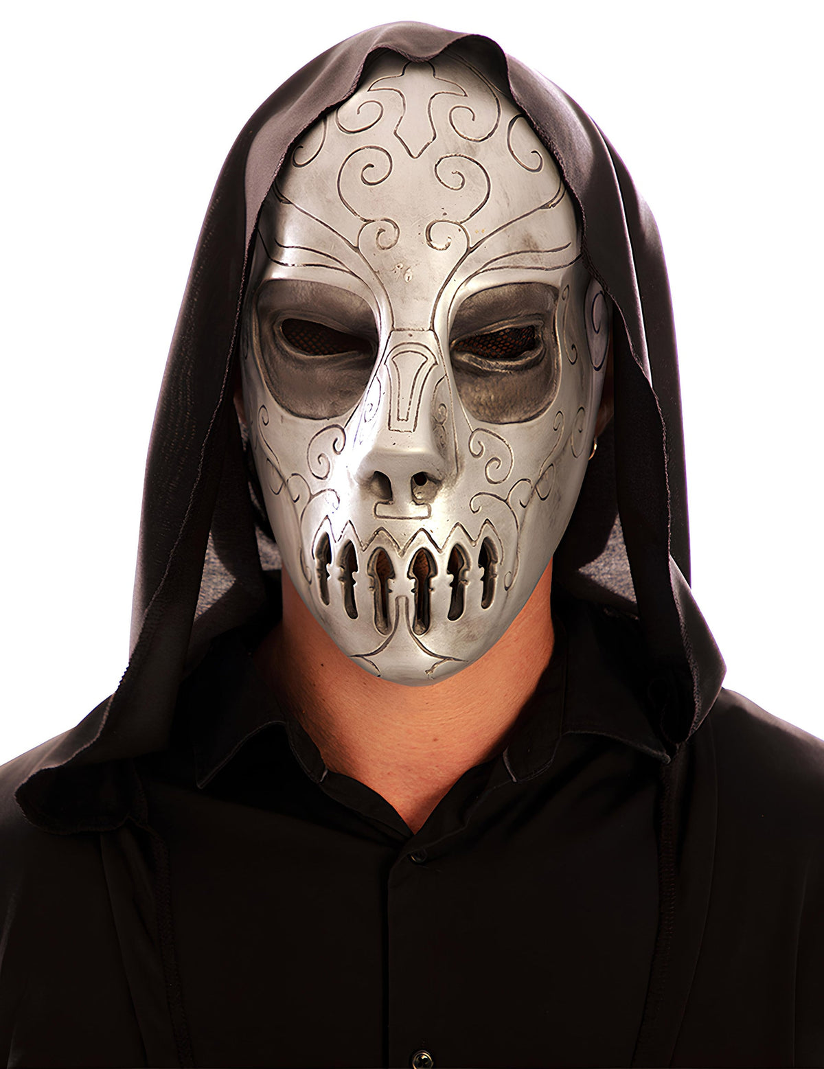 Masque de sorcier sombre pour adulte en latex argenté avec capuche noire