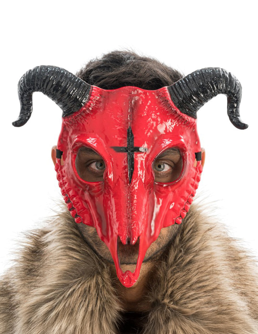 Masque squelette démon à cornes pour adulte rouge et noir