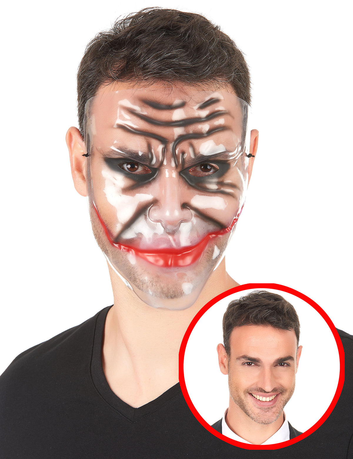 Masque transparent mâchoire déchirée pour adulte avec motifs rouges et noirs