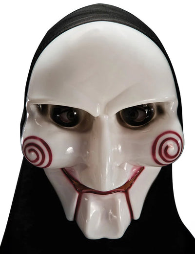 Masque tueur psychopathe avec capuche pour adulte blanc avec spirales rouges