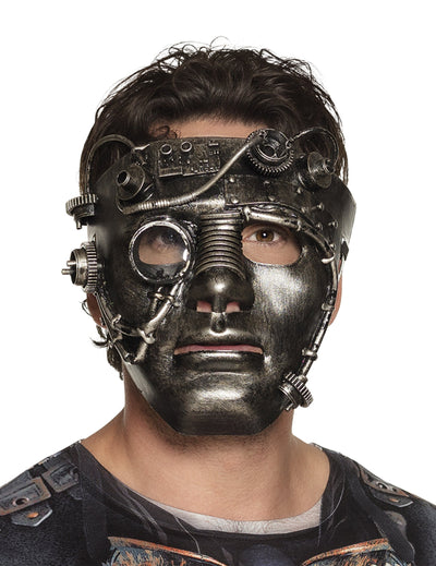 Kromirana steampunk maska za obraz za odrasle z mehanskimi detajli