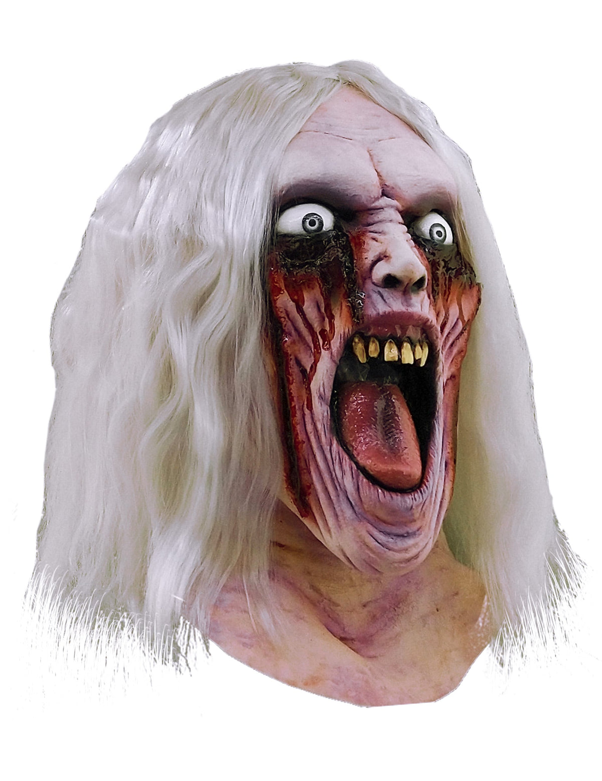 Masque zombie sanglant Halloween pour adulte en latex à cheveux blancs