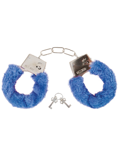 Menottes en fourrure pour adulte bleue avec clés