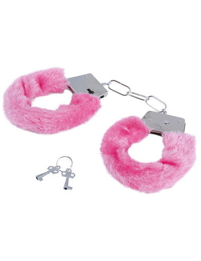 Menottes en fourrure pour adulte rose avec clés