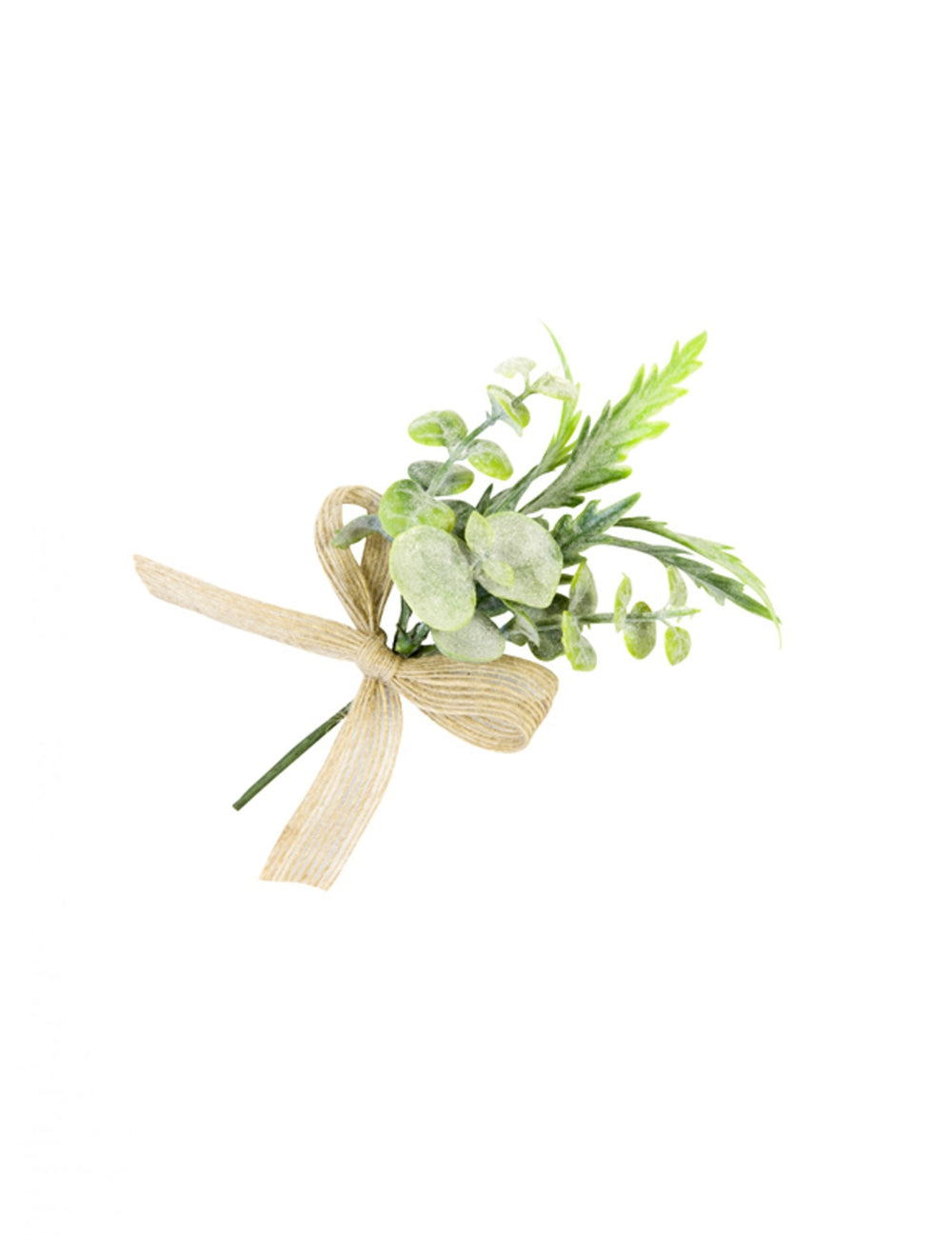 Mini bouquet de feuillages artificiels pour décoration vert avec ruban toile ivoire