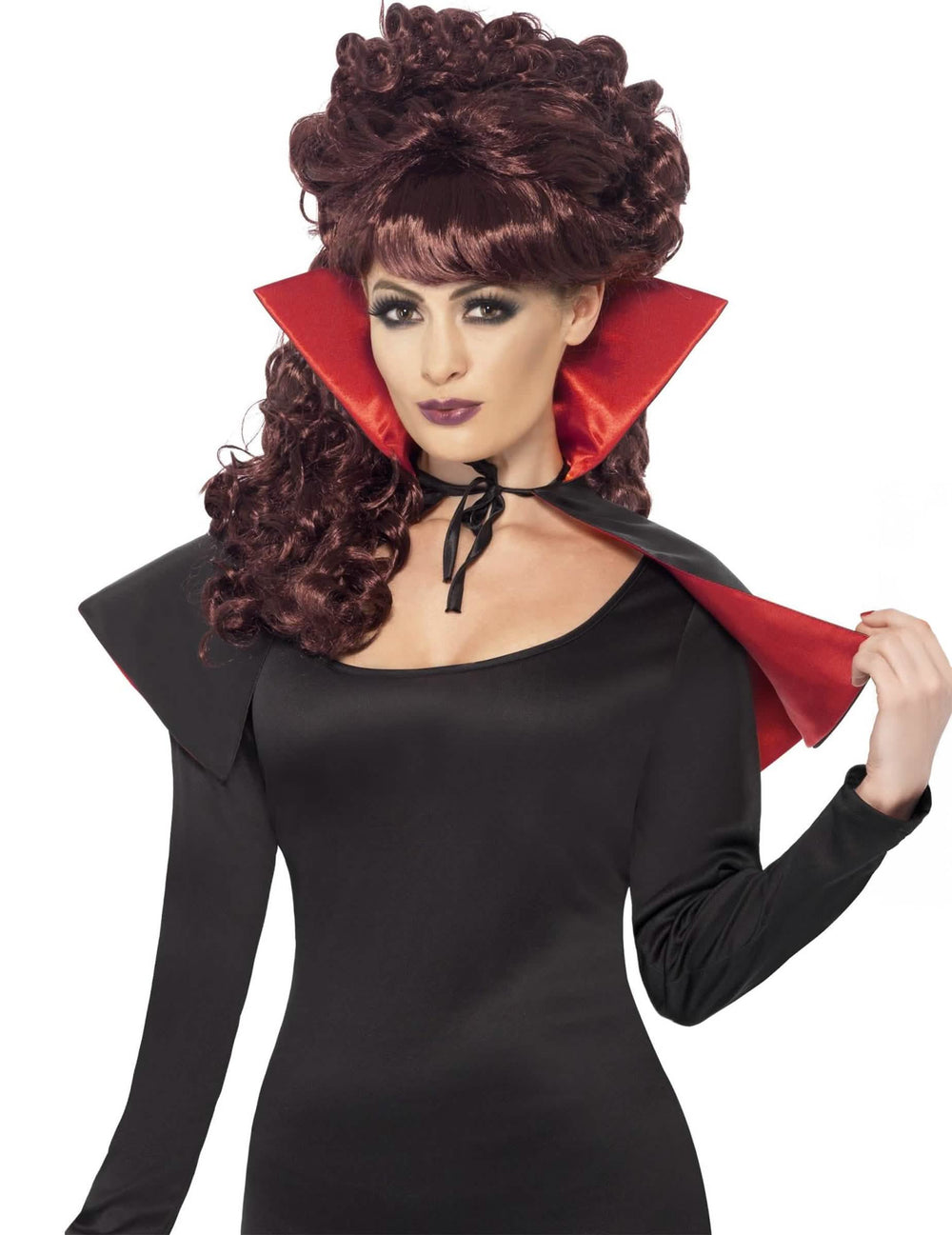Mini vampirski plašč halloween za odrasli, črn z rdečim ovratnikom