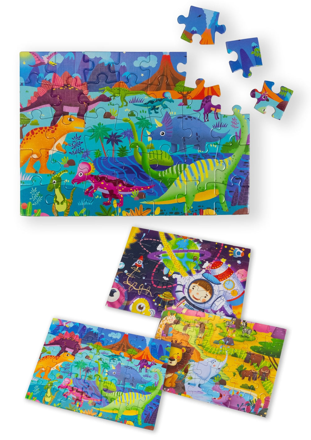 Petit puzzle thèmes dinosaures espace et animaux pour enfant multicolore