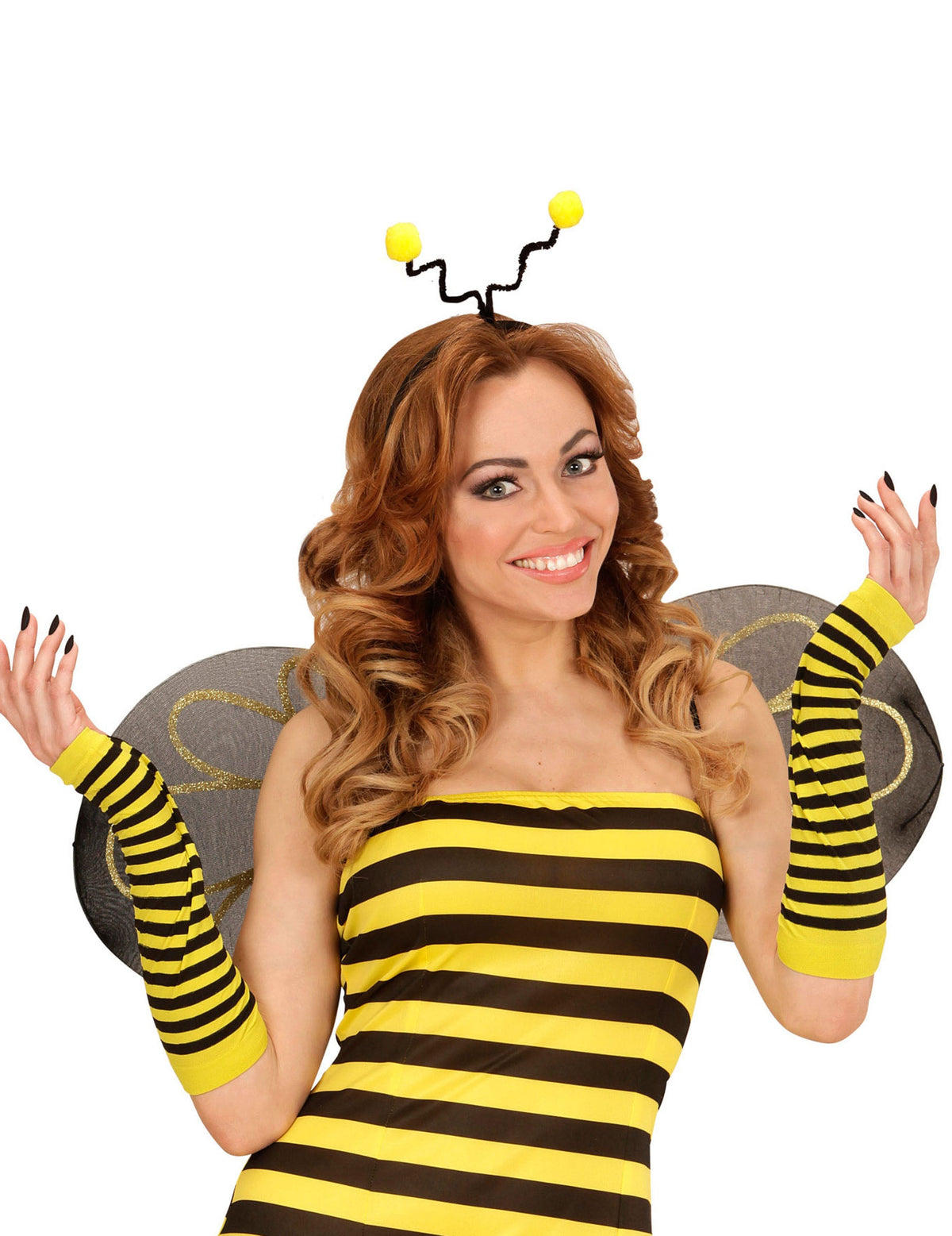 Mitaines longues abeille pour adulte jaunes et noires à rayures