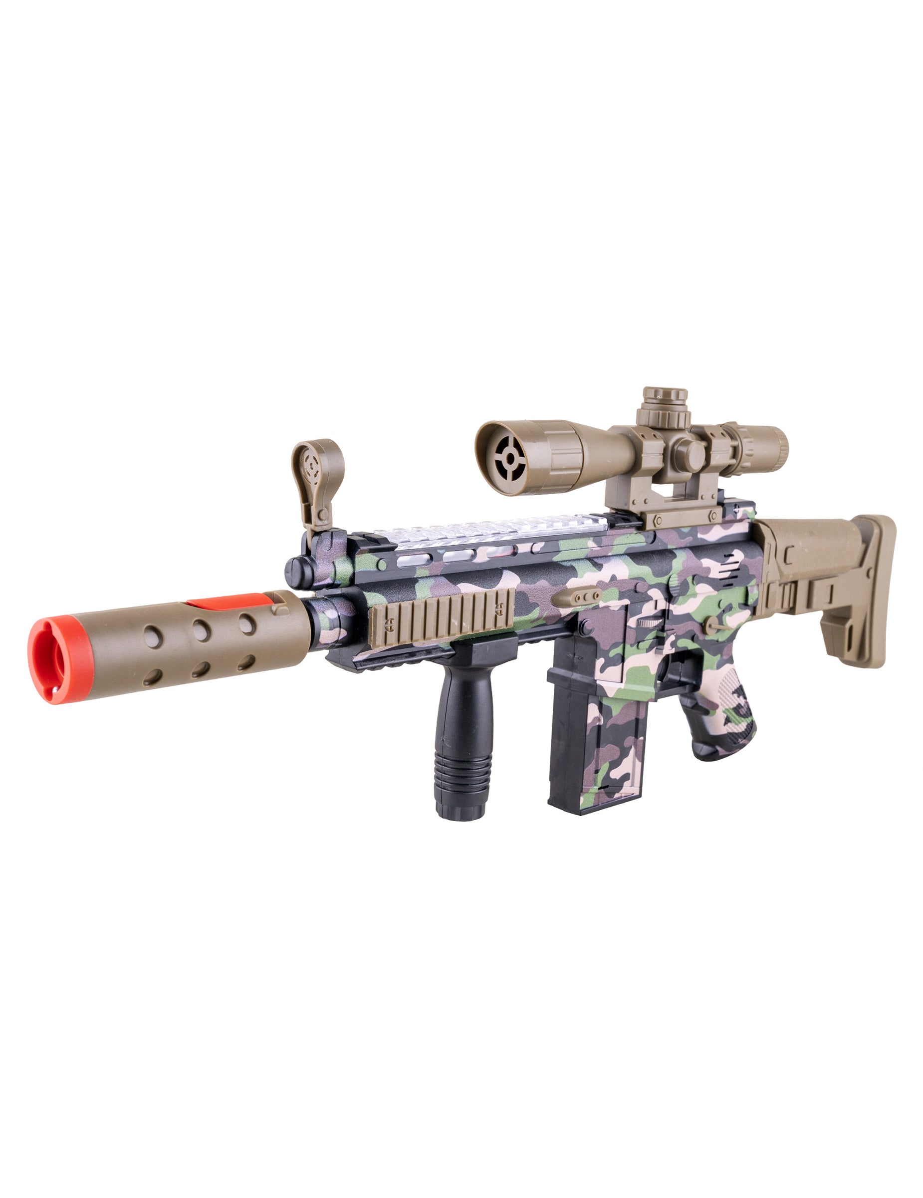 Vue de profil de la mitrailleuse camouflage avec effet fumée son et lumière