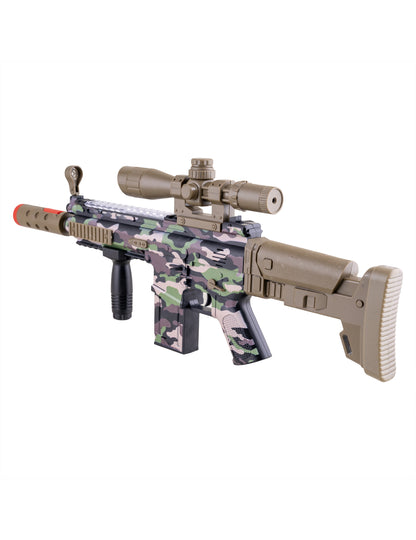 Vue de trois-quarts arrière de la mitrailleuse camouflage avec effet fumée son et lumière