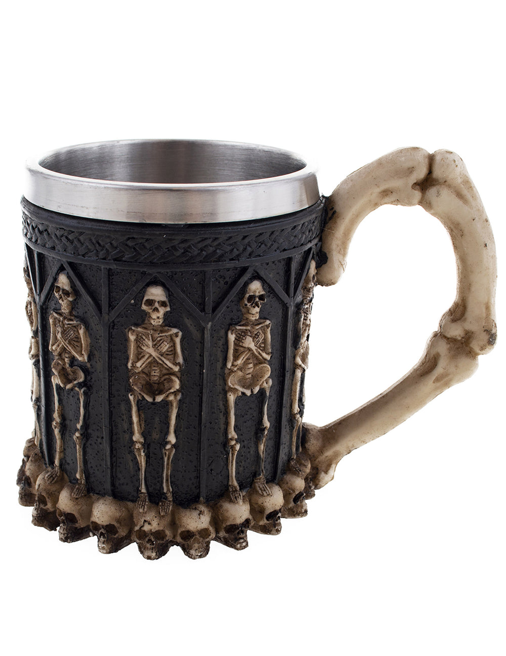 Mug squelette pour adulte noir avec anse en os et relief de crânes