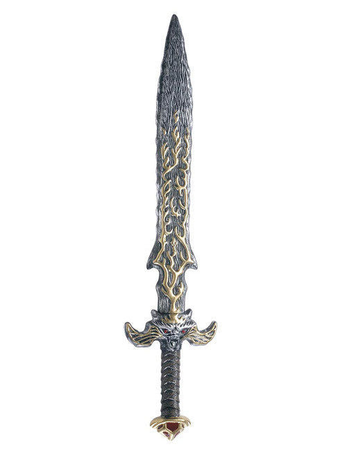 Épée mystique grise et dorée avec garde sculptée en tête de dragon