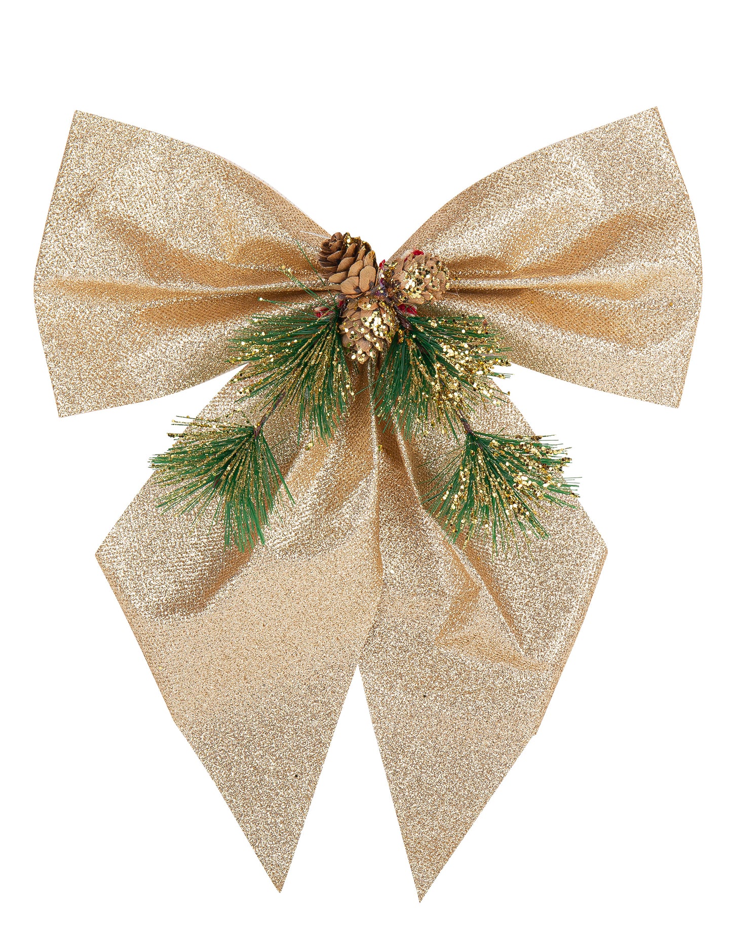 Bleščeča pentlja v šampanjec barvi z motivom smreke in storžev 24 x 28 cm 