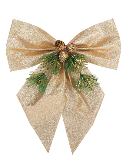 Bleščeča pentlja v šampanjec barvi z motivom smreke in storžev 24 x 28 cm 