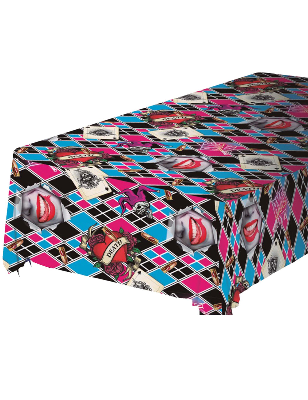 Nappe Dangerous Girl en PVC rose bleu et noir à motifs losanges et têtes de mort