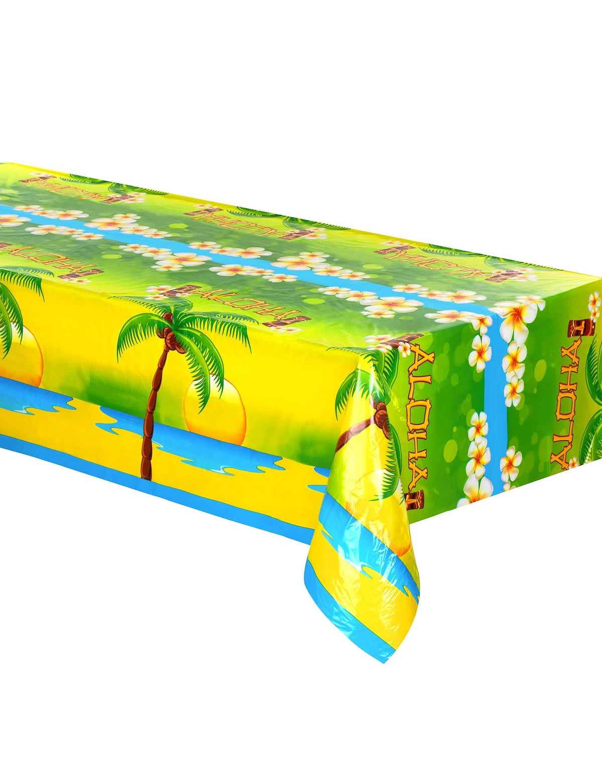 Plastičen prt Aloha rumena, zelena in modra z motivi palm in rož