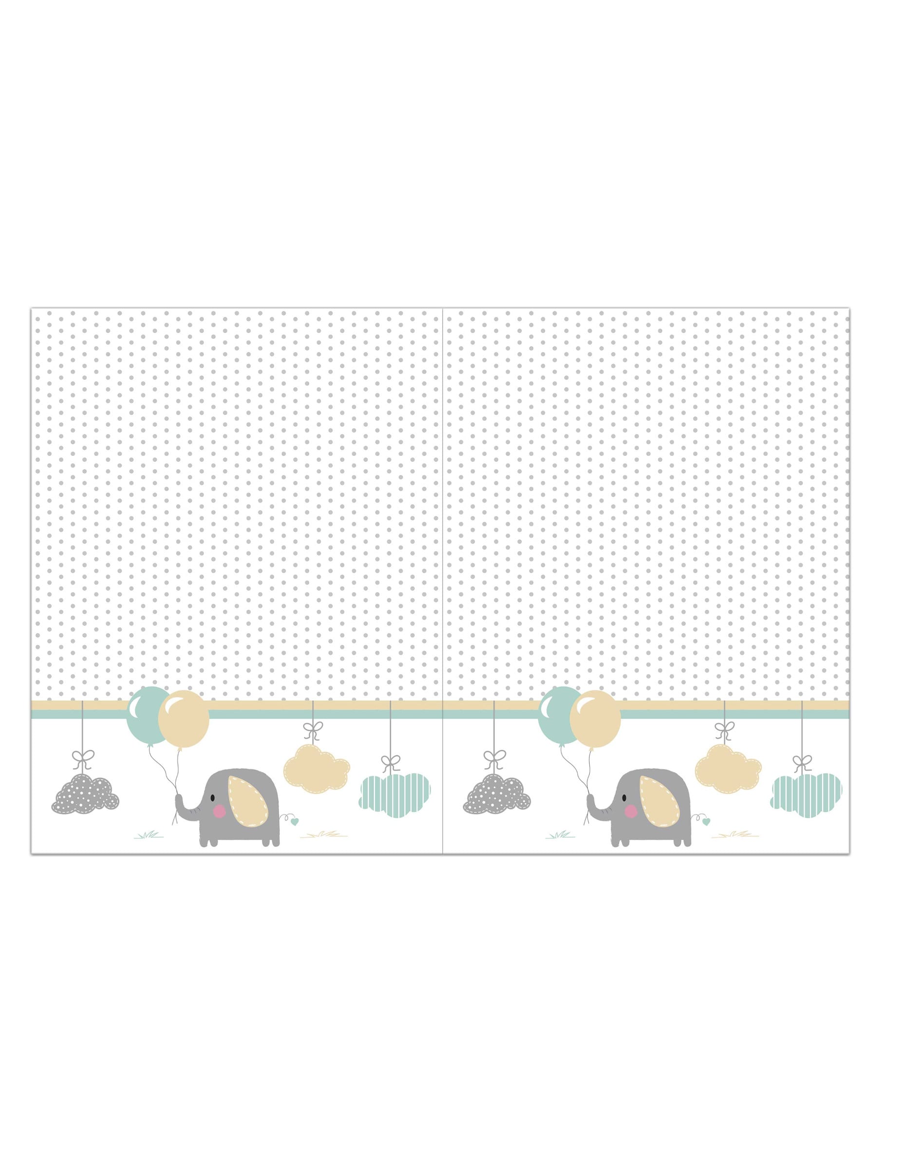 Nappe en plastique bébé éléphant pour baby shower blanche à pois gris avec motifs pastel