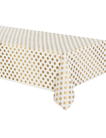 Bel plastični prt z zlatimi pikami, 137 x 274 cm cm za zabave in rojstne dneve