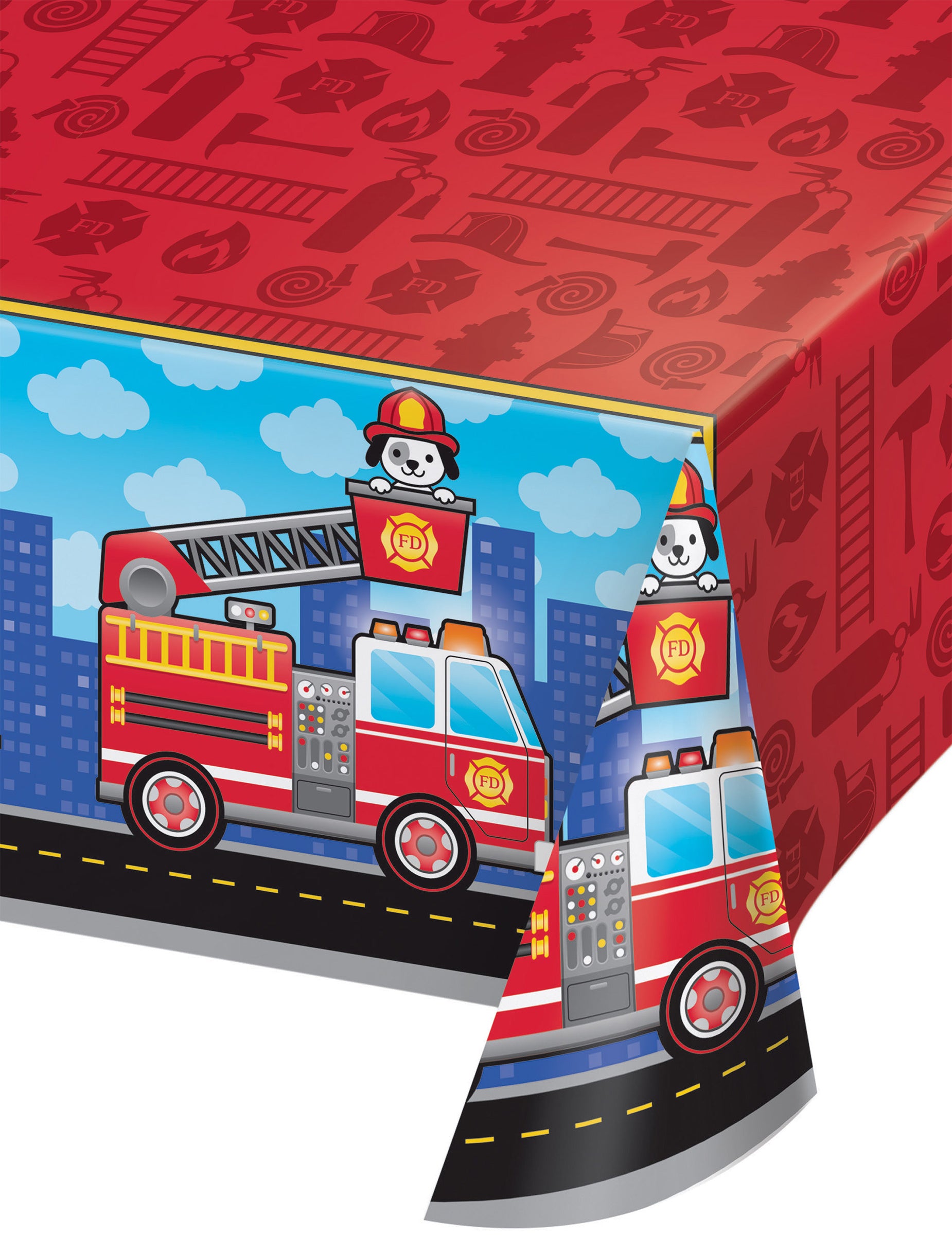 Nappe en plastique camion de pompier pour anniversaire rouge avec illustration de camion et chien dalmatien